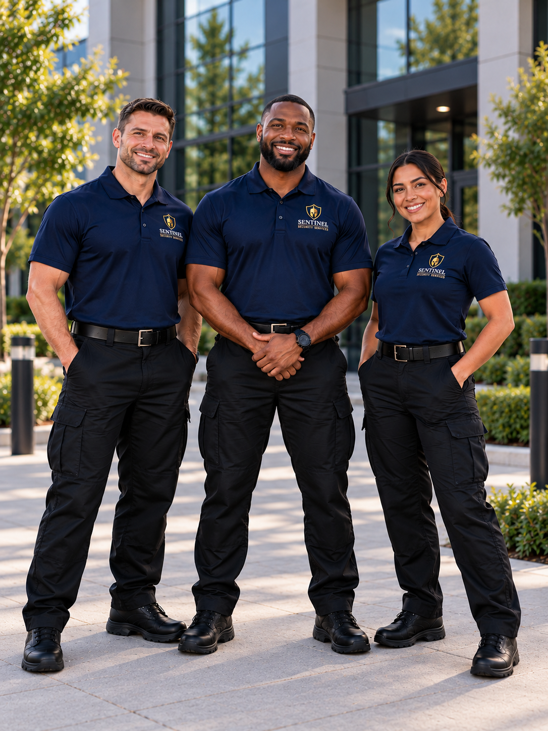 Three Sentinel Security Services officers standing together outside a commercial building